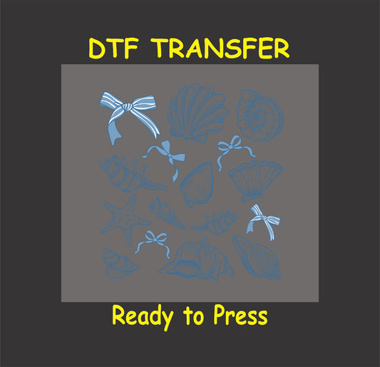 Summer DTF Transfer Iron On Heat Transfer - Ready to Press, Blue Bows and Seashells DTF Transfer 8814