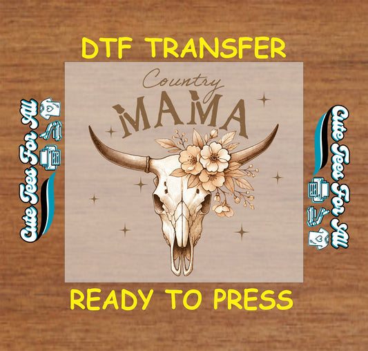 Country Mama text with cow skull and floral western accents.
