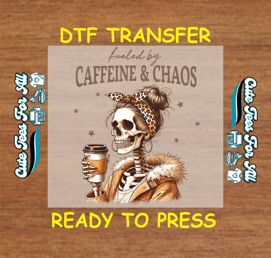 Skeleton woman holding coffee cup with leopard headband and “Fueled by Caffeine & Chaos” text.