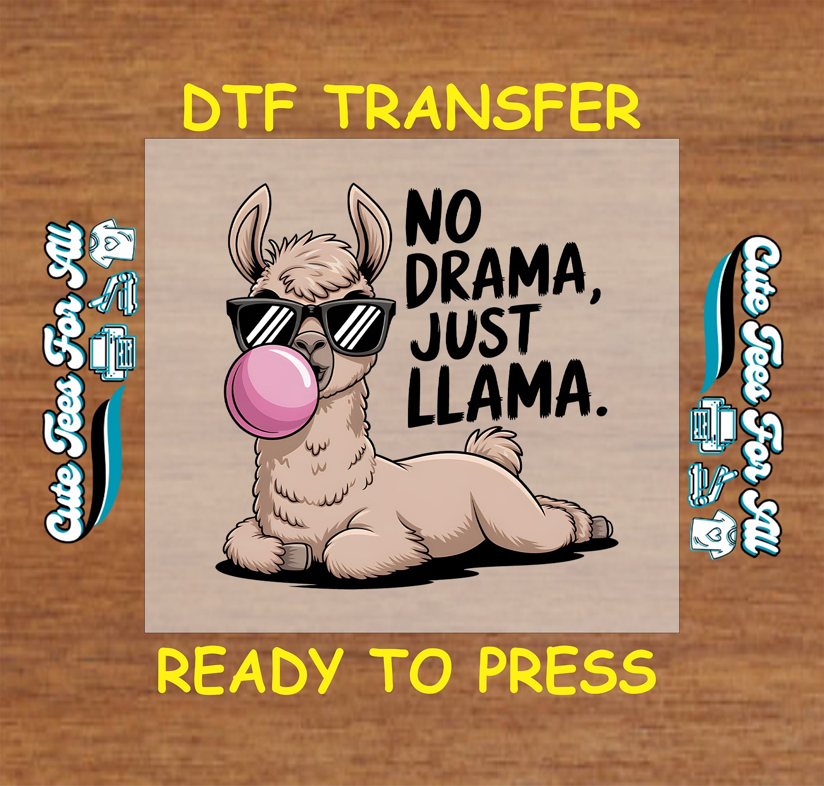 Llama in sunglasses blowing bubblegum with text "No drama just llama"