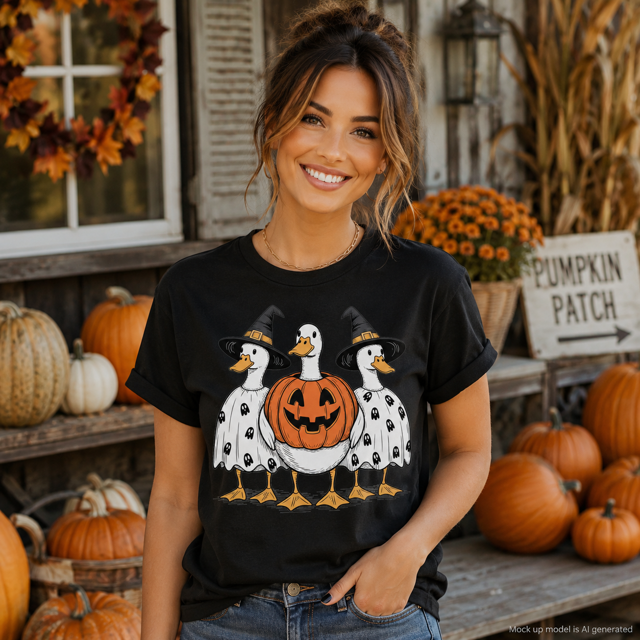A woman stands outdoors in a fall-themed setting wearing a black graphic t-shirt. The shirt features a cartoon illustration of three white ducks wearing black witch hats, with the center duck holding a carved orange pumpkin.