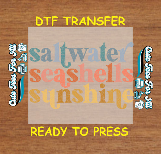Retro summer DTF transfer with saltwater, seashells, sunshine text.
