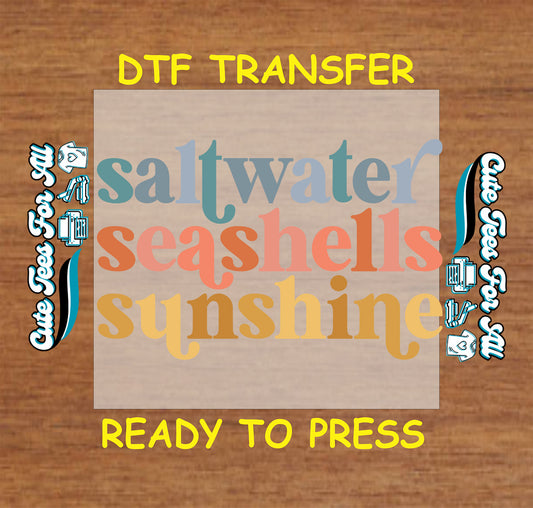 Pastel summer DTF transfer with saltwater, seashells, sunshine text.