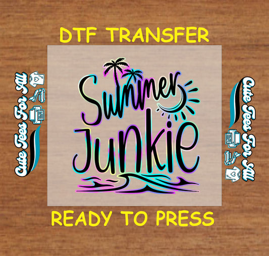 Colorful Summer Junkie DTF transfer with palm trees, sun, and waves.