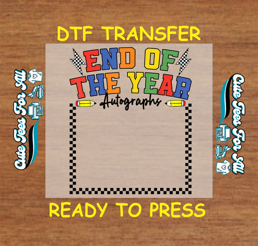 Racing-themed “End of the Year Autographs” DTF transfer with checker box and pencils.