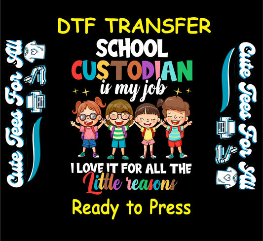 DTF transfer with colorful text, smiling cartoon children, and the quote “I love it for all the little reasons”