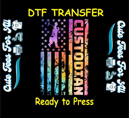 DTF transfer with rainbow American flag, stars, custodian silhouette, and vertical “Custodian” text.