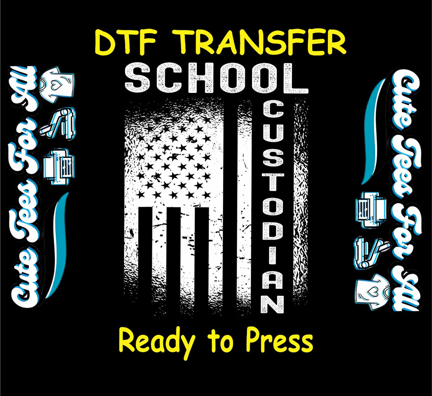 DTF transfer with distressed American flag and vertical “School Custodian” text in black and white.
