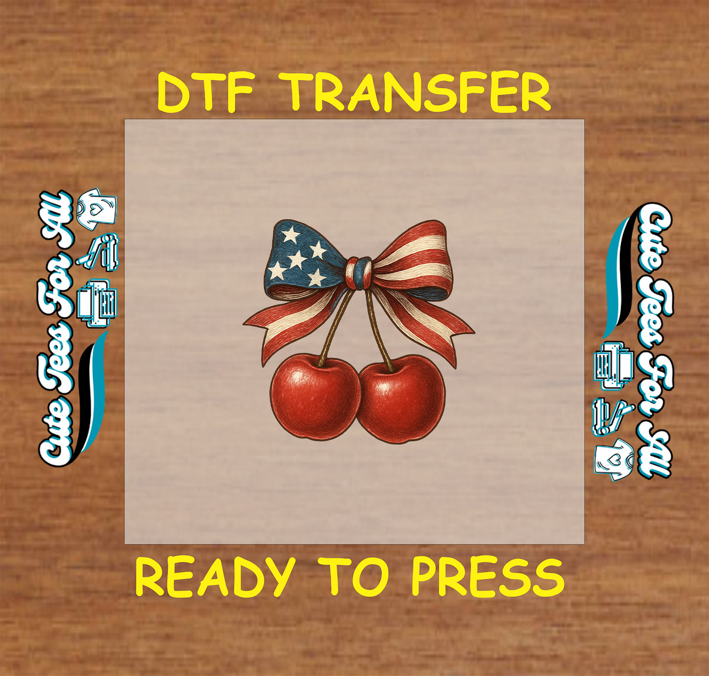 DTF transfer with cherries tied in USA stars and stripes bow.