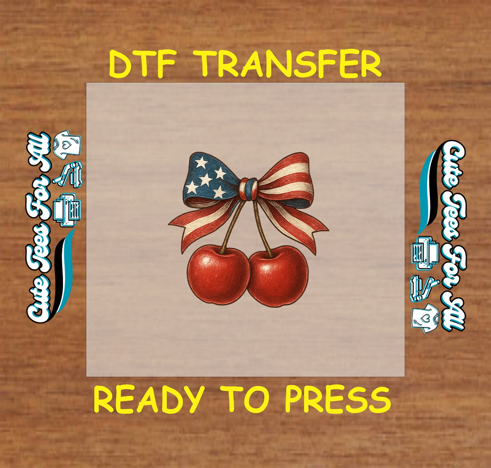 DTF transfer with cherries tied in USA stars and stripes bow.
