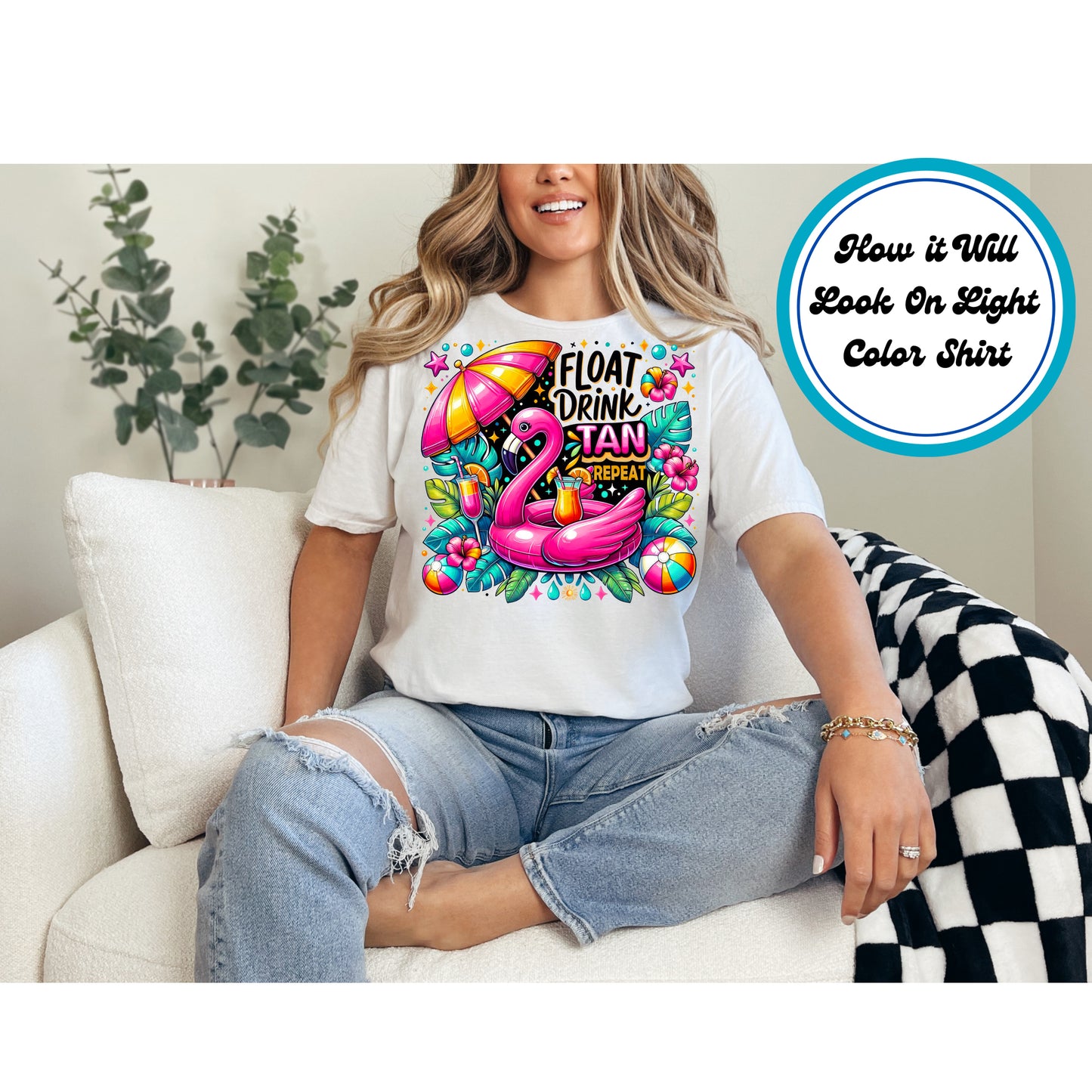 Summer DTF Transfer Iron On Heat Transfer - Ready to Press, Float Drink Tan Repeat DTF Transfer 8951