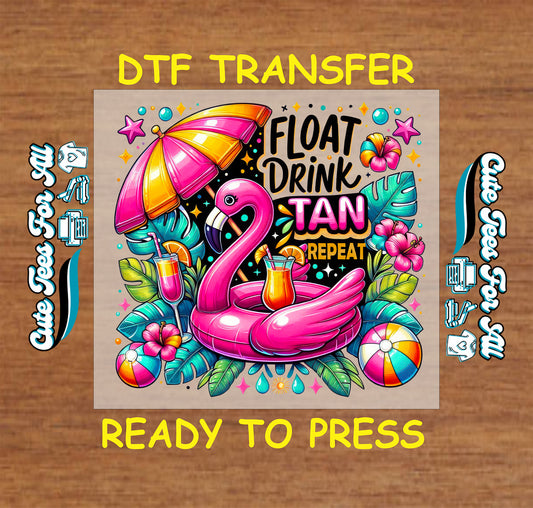DTF transfer with pink flamingo float, cocktails, umbrella, and tropical leaves.