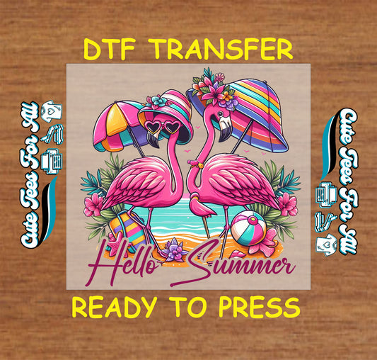 DTF transfer with two pink flamingos, beach umbrellas, flowers, and "Hello Summer" text.