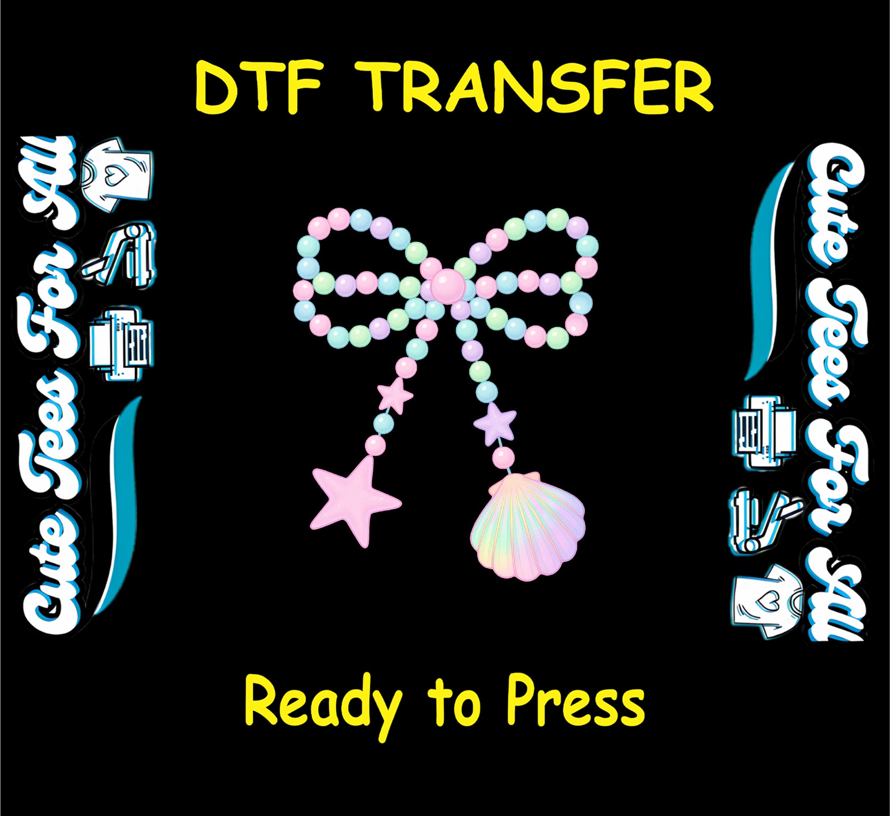 DTF transfer with pastel beaded bow, starfish charm, and seashell charm in soft colors.