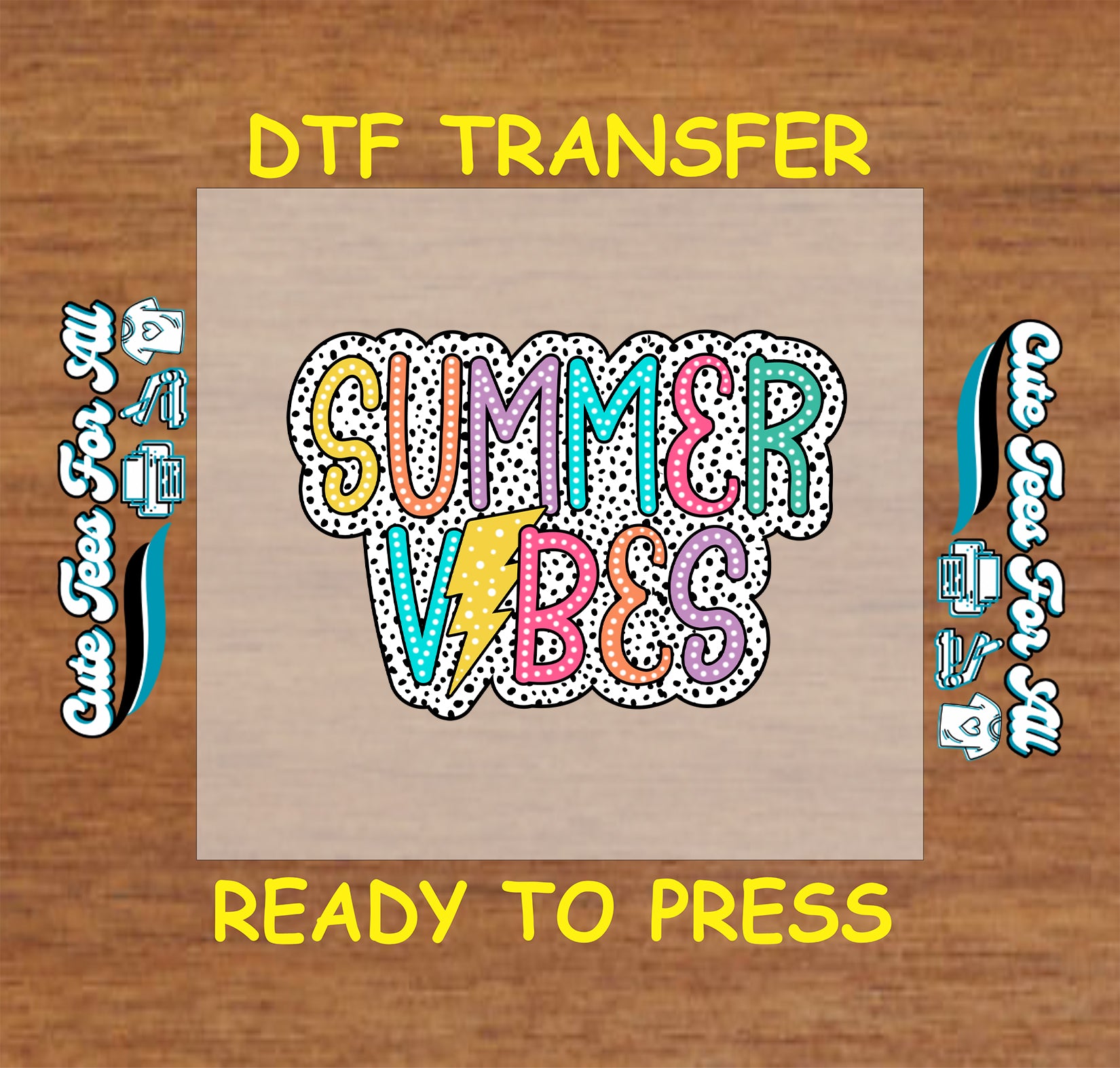 DTF transfer with Summer Vibes text, lightning bolt, and polka dot background.