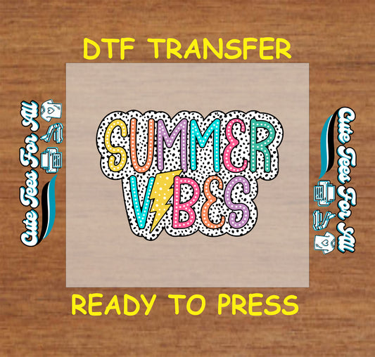 DTF transfer with Summer Vibes text, lightning bolt, and polka dot background.