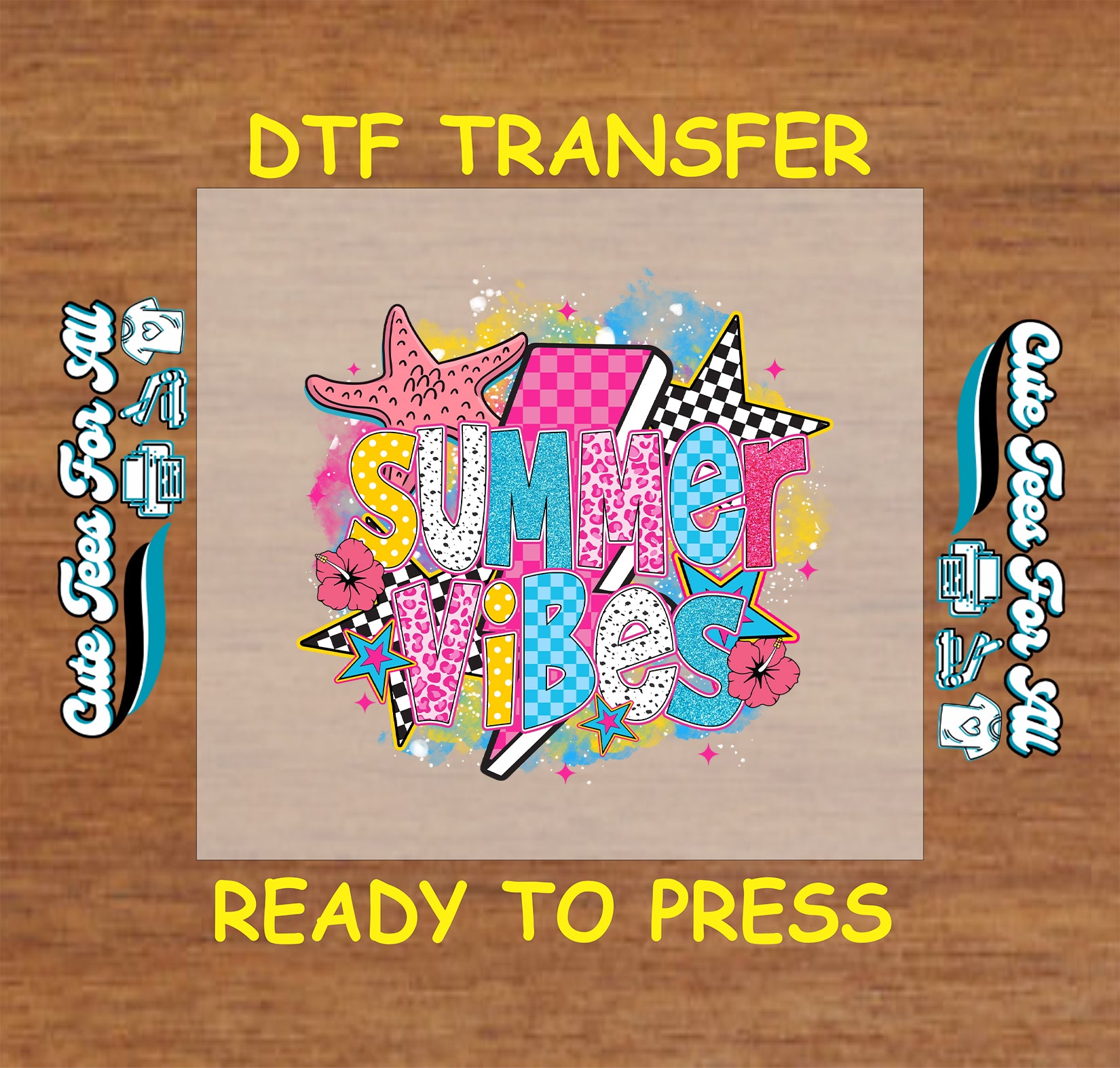 DTF transfer with Summer Vibes text, starfish, checkered stars, and floral accents.