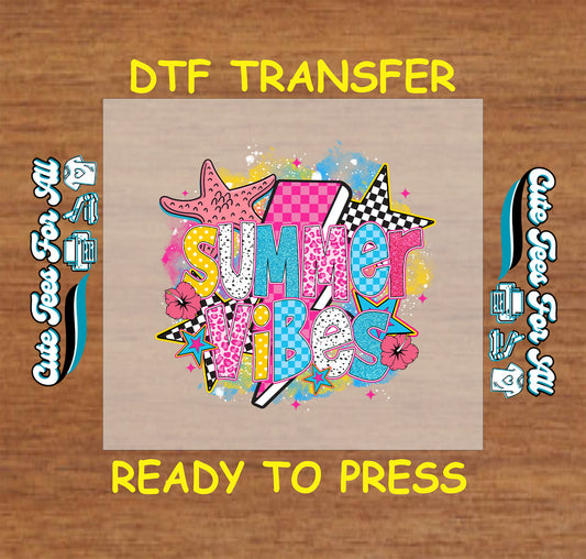 DTF transfer with Summer Vibes text, starfish, checkered stars, and floral accents.