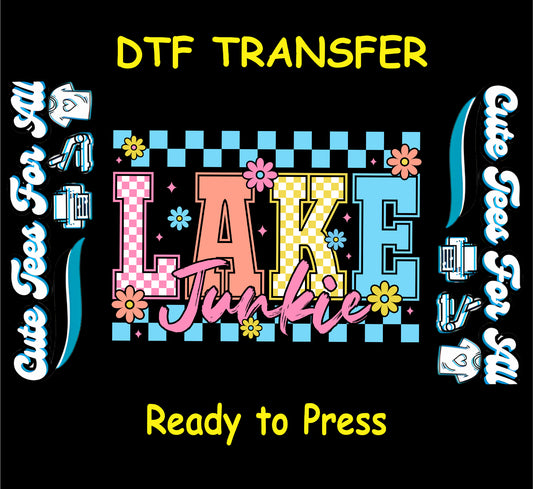 DTF transfer with Lake Junkie text, pastel checkered letters, and floral details.