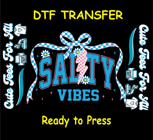 Retro Salty Vibes DTF transfer with bow, daisies, and pink lightning bolt.