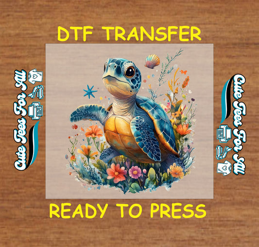 DTF transfer with sea turtle surrounded by colorful flowers and ocean elements.