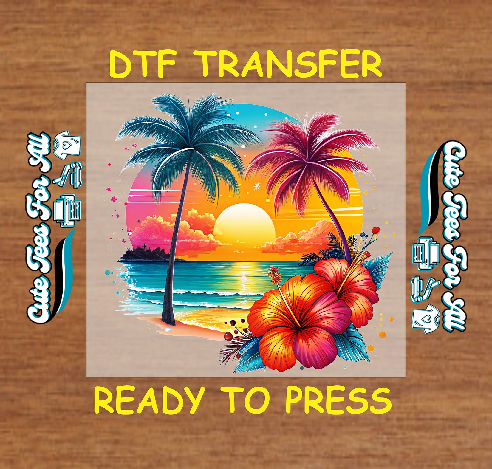 DTF transfer with tropical sunset, palm trees, ocean waves, and hibiscus flowers.
