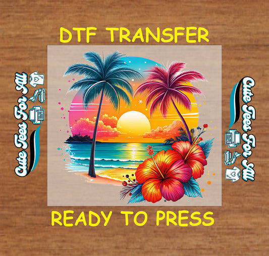 DTF transfer with tropical sunset, palm trees, ocean waves, and hibiscus flowers.