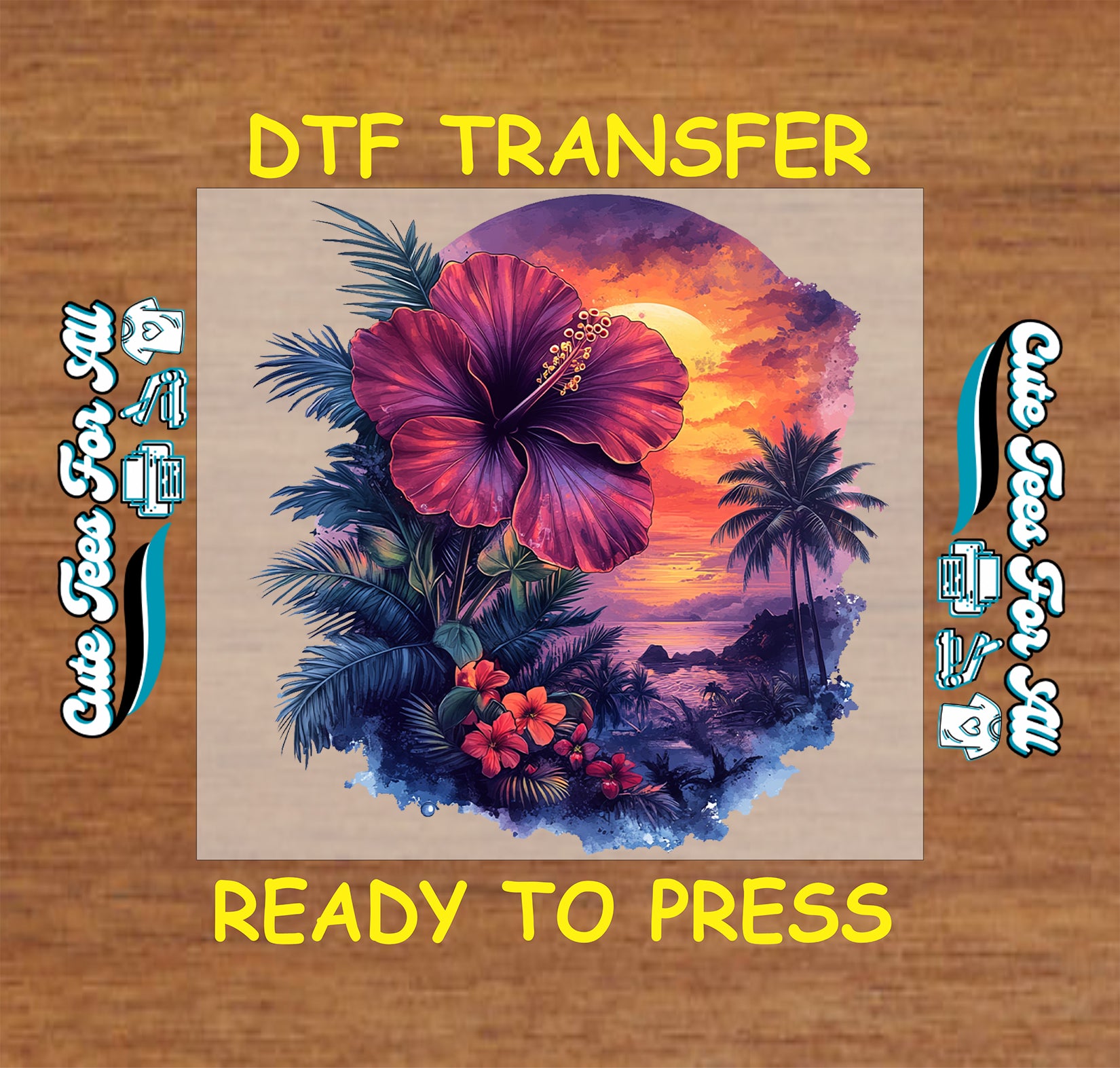 DTF transfer with tropical sunset, palm trees, and large red hibiscus flowers.