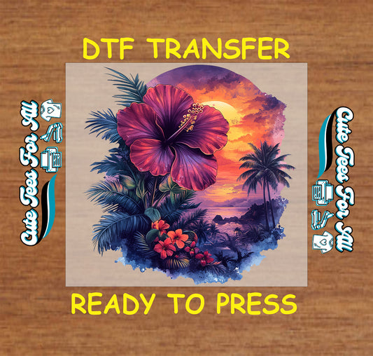 DTF transfer with tropical sunset, palm trees, and large red hibiscus flowers.