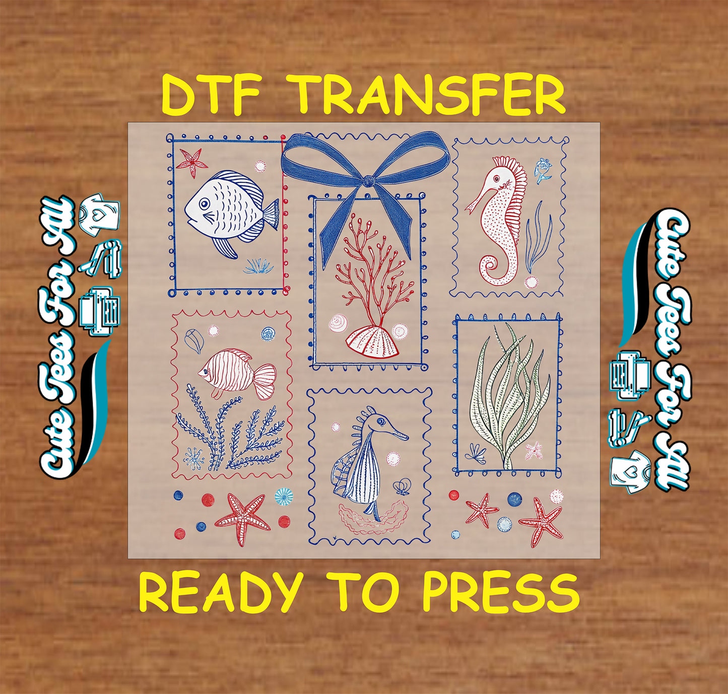 DTF transfer with patchwork-style ocean animals, coral, and bow in red and blue tones.