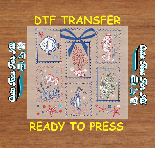 DTF transfer with patchwork-style ocean animals, coral, and bow in red and blue tones.