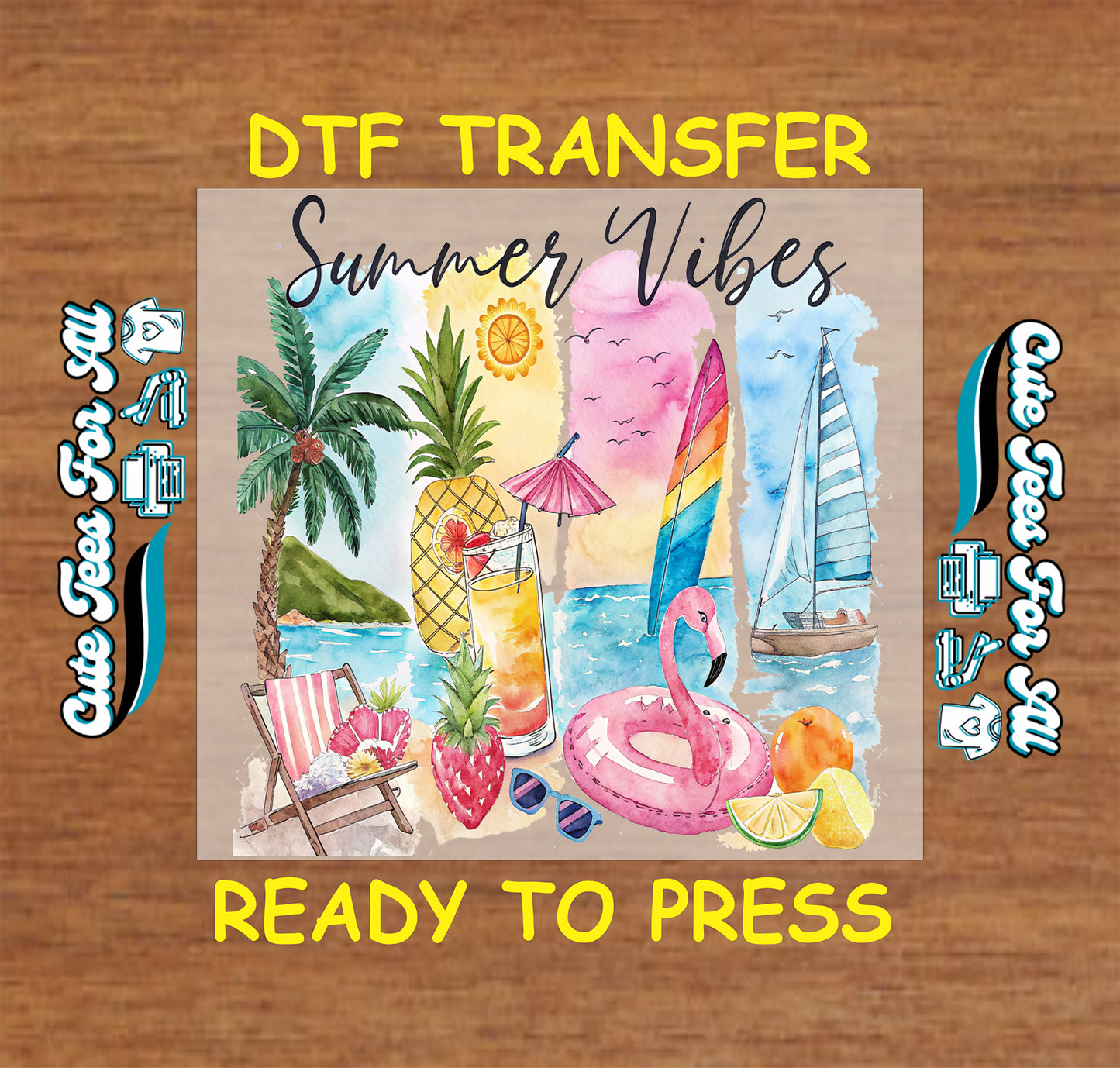 Watercolor DTF transfer with flamingo float, pineapple, sailboat, and summer elements.