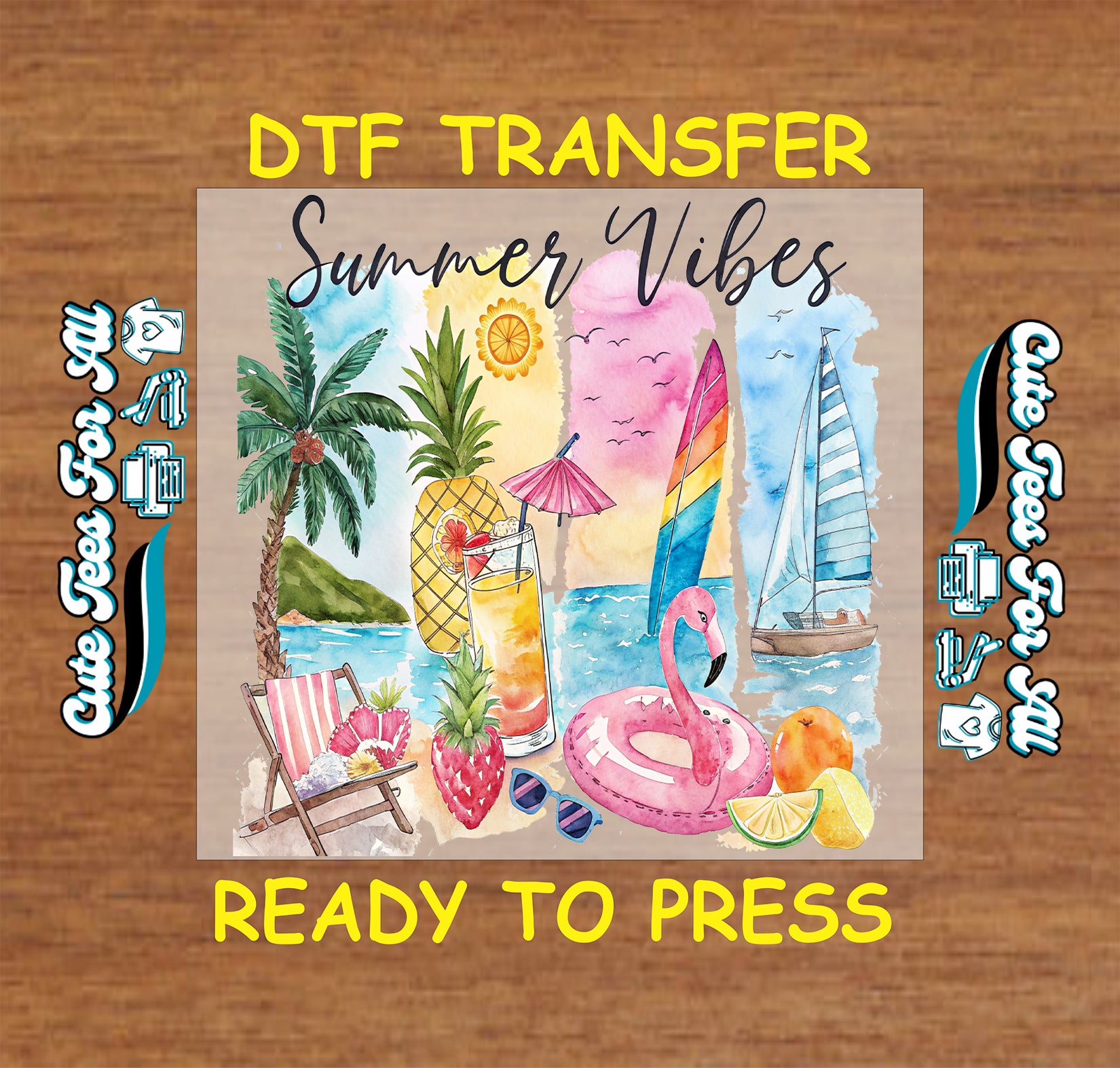 Watercolor DTF transfer with flamingo float, pineapple, sailboat, and summer elements.