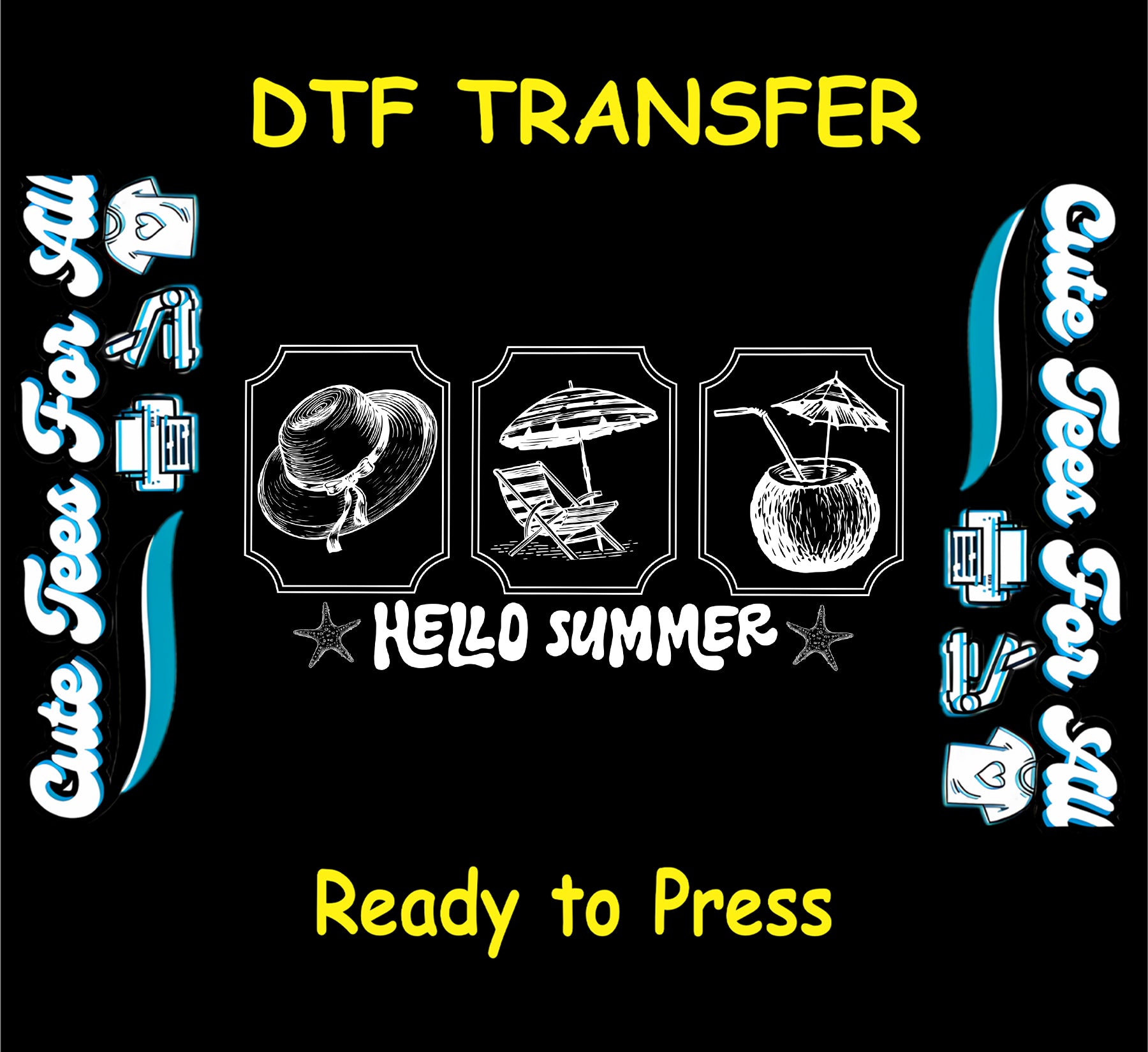Black and white DTF transfer with beach hat, lounge chair, coconut drink, and “Hello Summer” text.