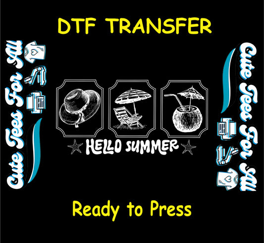Black and white DTF transfer with beach hat, lounge chair, coconut drink, and “Hello Summer” text.
