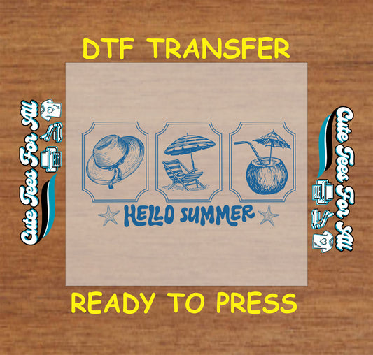 DTF transfer with blue beach hat, chair, umbrella, coconut drink, and Hello Summer text.