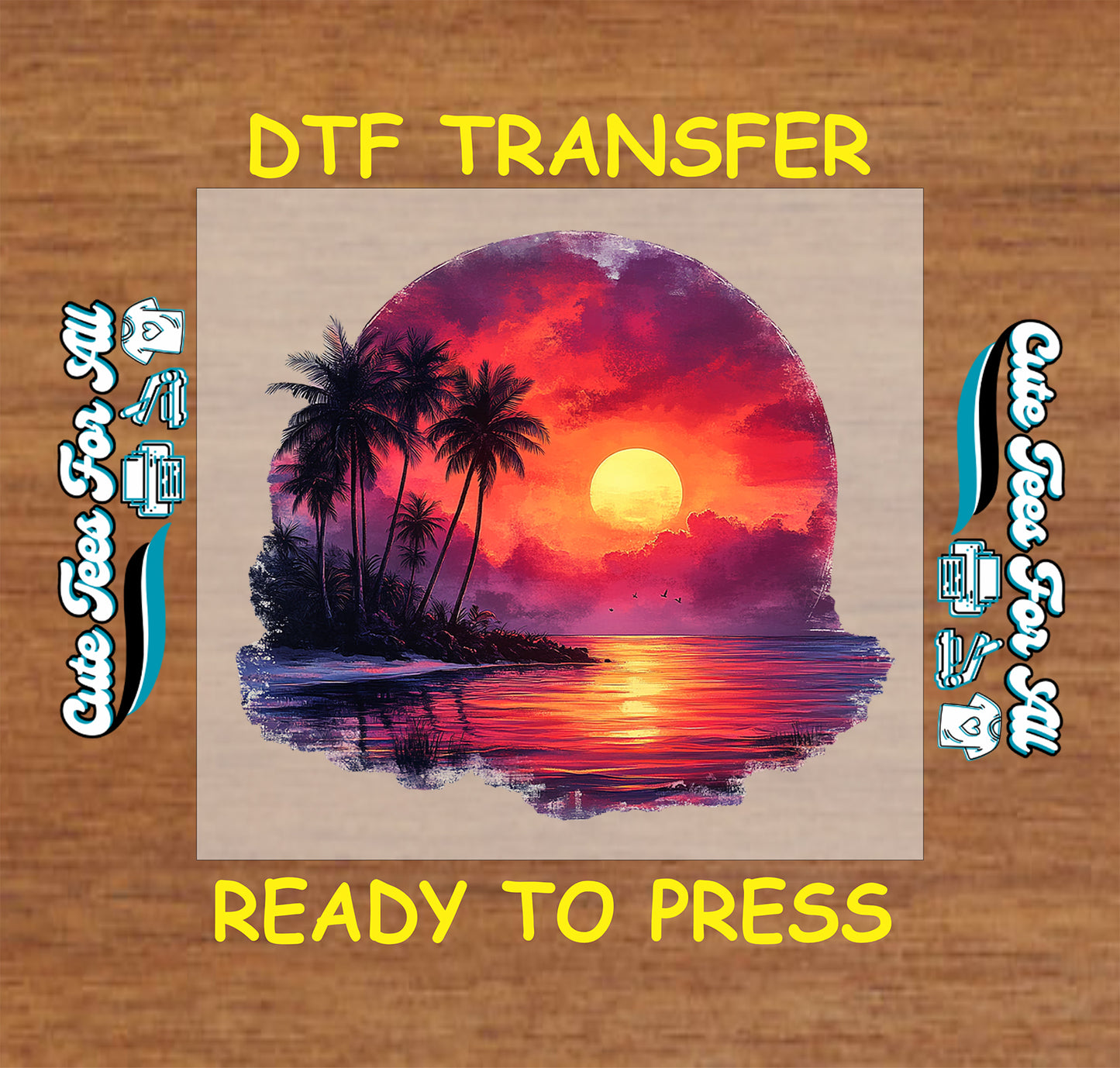 DTF transfer with palm trees and vivid orange-red sunset over ocean.