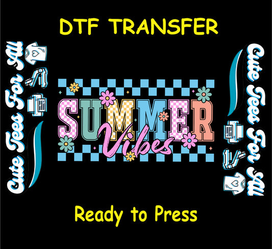 DTF transfer with Summer Vibes text, pastel flowers, and blue checkerboard on black background.