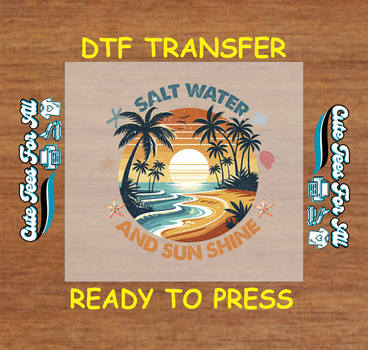 DTF transfer with tropical sunset, ocean waves, palm trees, and Salt Water and Sun Shine text.