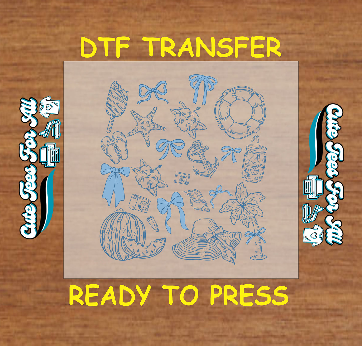 DTF transfer sheet with blue summer icons like bows, watermelon, hats, and tropical items.