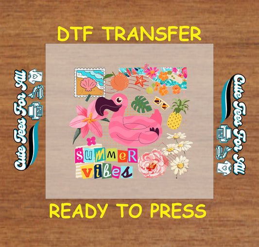 DTF transfer with flamingo float, tropical flowers, pineapple, and Summer Vibes text.