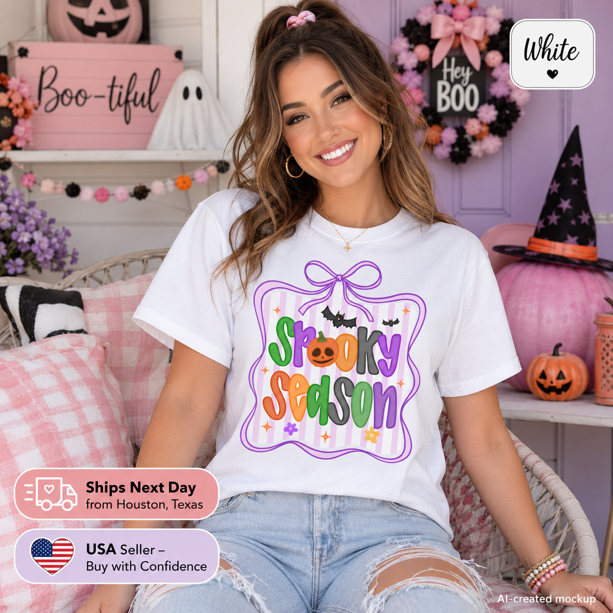 A woman wearing a white graphic t-shirt with a colorful 'Spooky Season' Halloween design, posed in a cozy, decorated Halloween-themed room with pumpkins, a witch hat, and a 'Boo-tiful' sign.