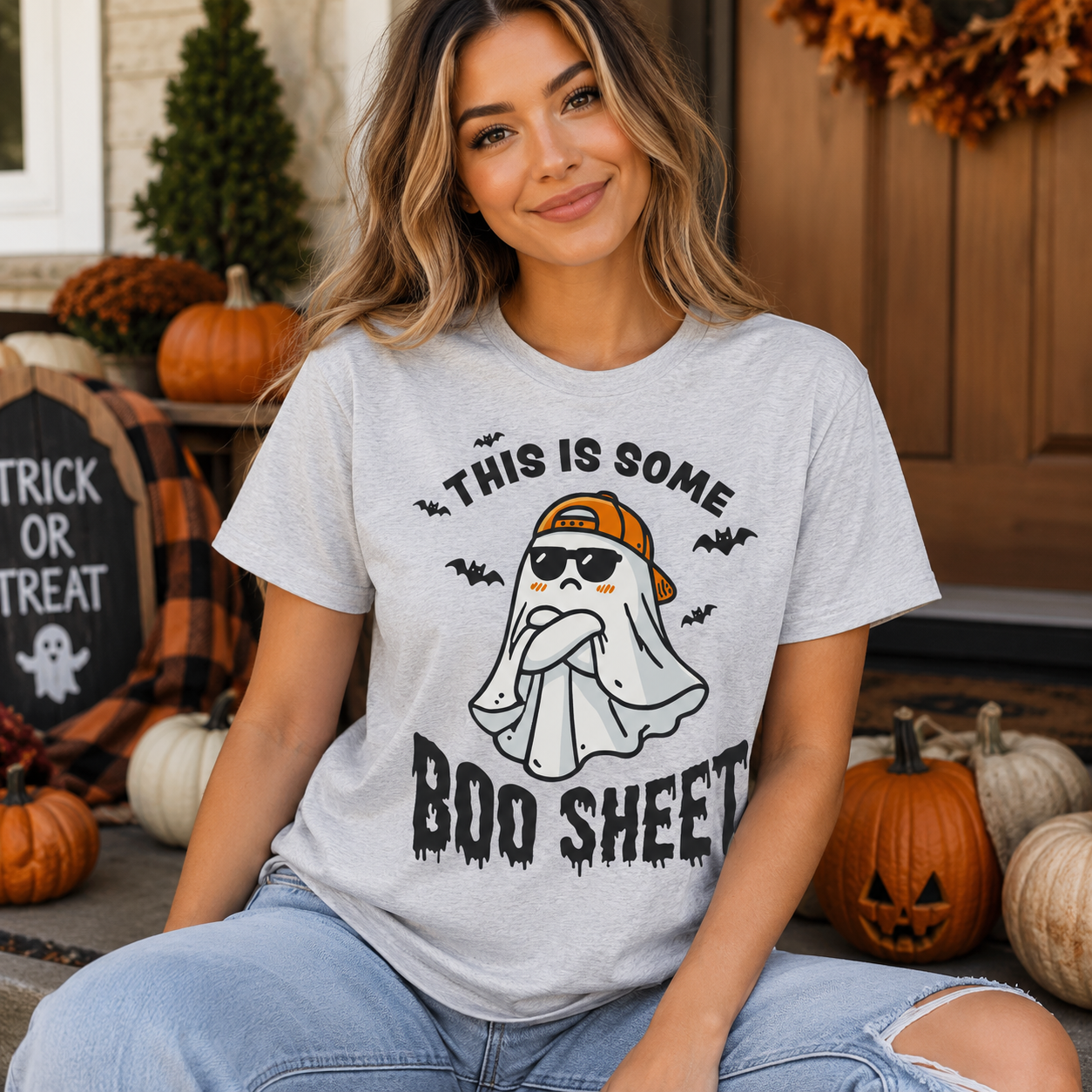 A woman wearing a light heather gray graphic t-shirt with a Halloween ghost design and the text 'THIS IS SOME BOO SHEET', sitting in front of a decorated autumn doorway with pumpkins.