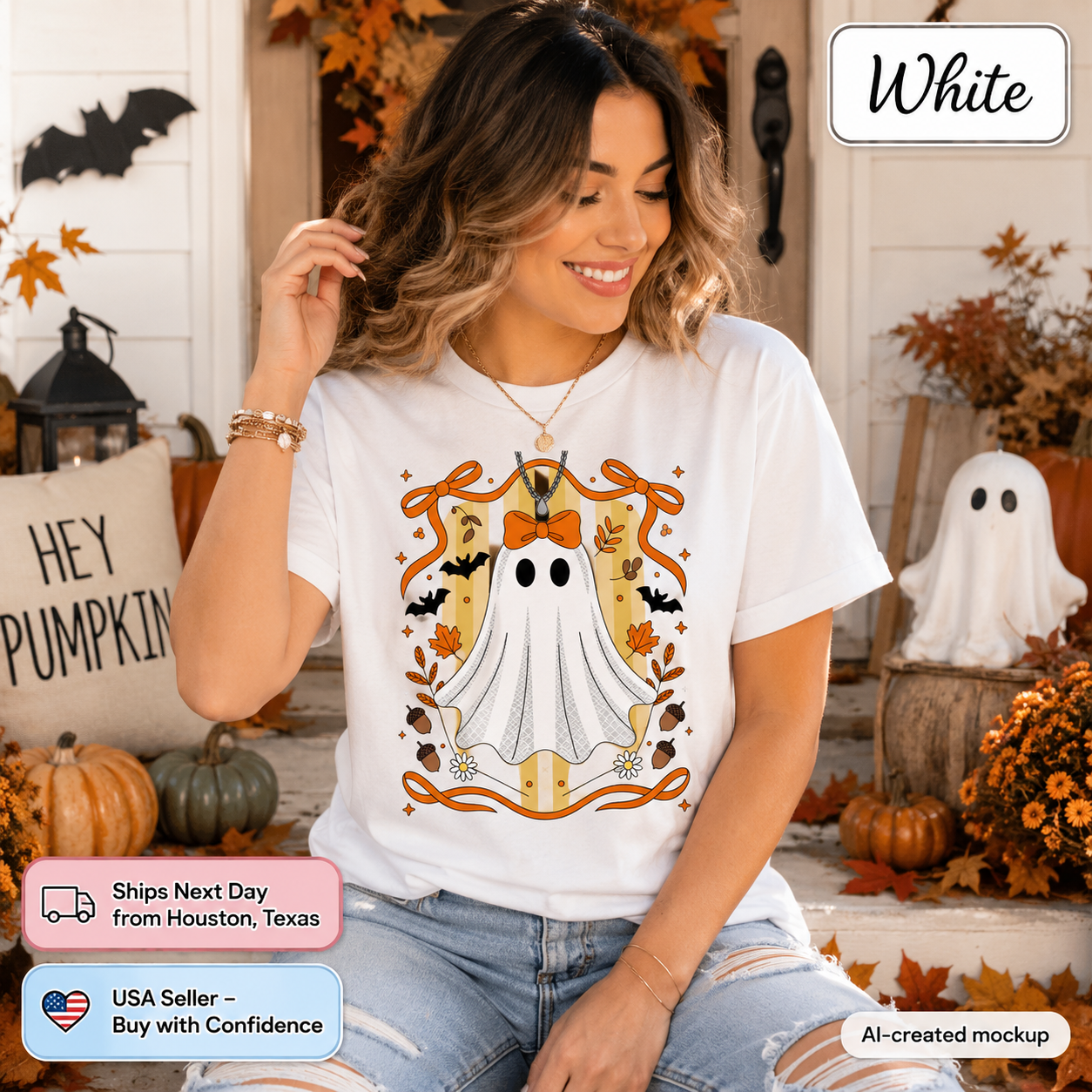 A woman wearing a white graphic t-shirt with a Halloween ghost design, posed in a cozy autumn-themed porch setting with pumpkins and fall decorations. The image includes promotional badges and a 'White' color label.