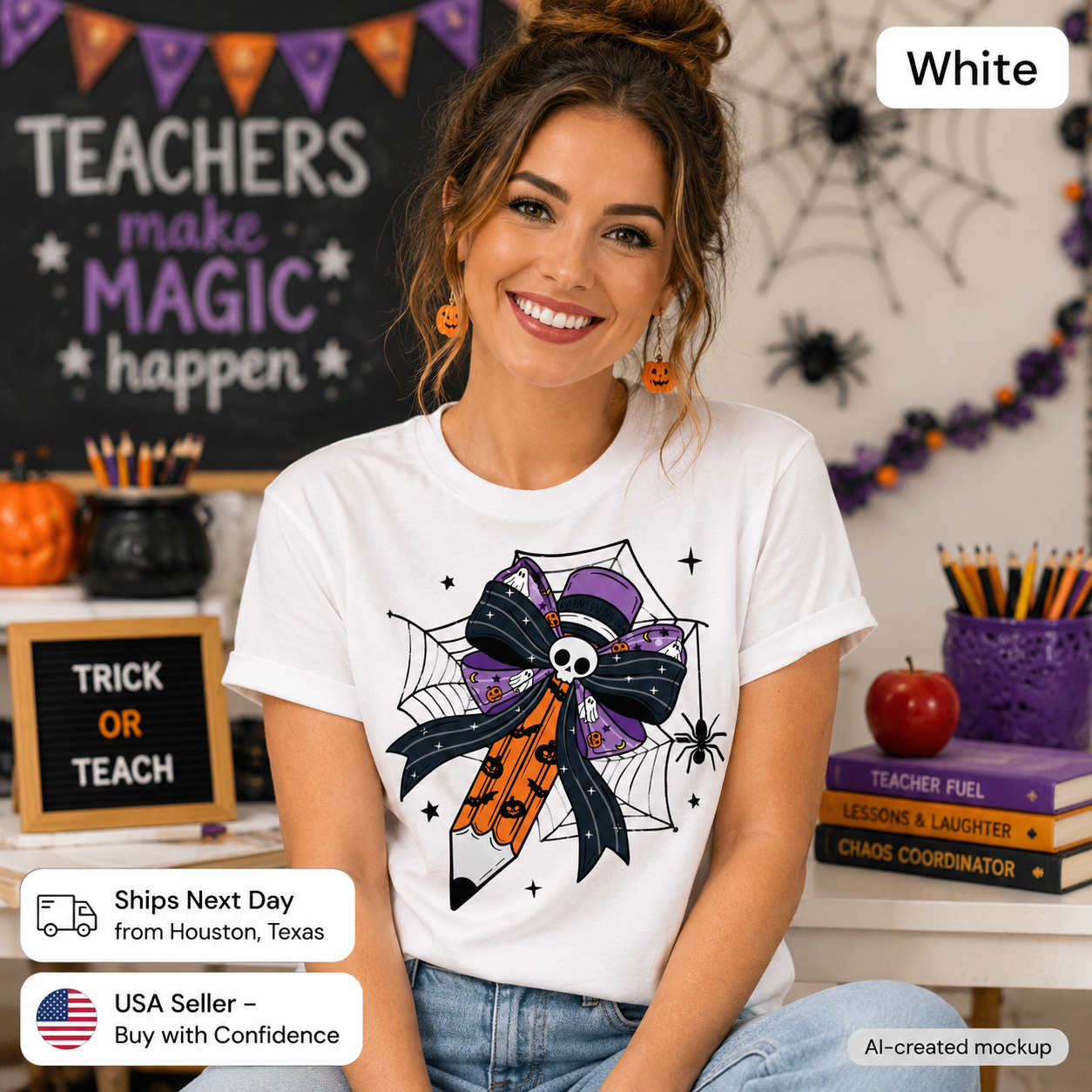 A woman wearing a white graphic T-shirt with a Halloween-themed bow and spider design, posed in a decorated classroom setting. The image includes promotional badges such as 'White' and shipping/USA seller assurances.