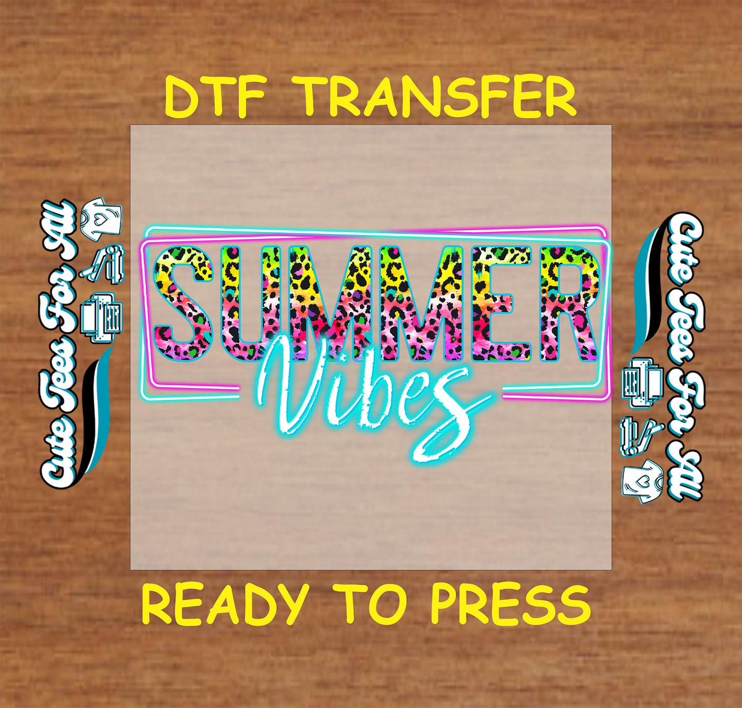 DTF transfer with neon leopard print Summer Vibes text in pink, teal, and yellow.