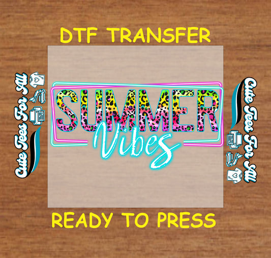 DTF transfer with neon leopard print Summer Vibes text in pink, teal, and yellow.