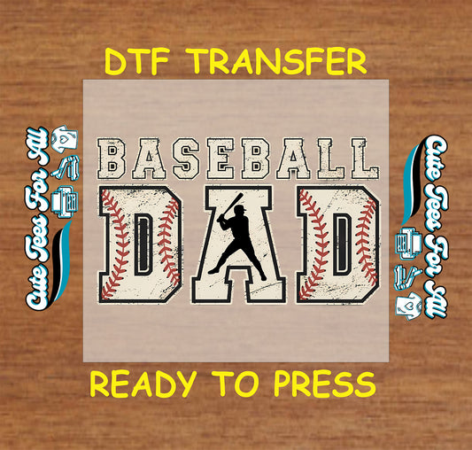 DTF transfer with Baseball Dad text, red stitching, and batter silhouette.
