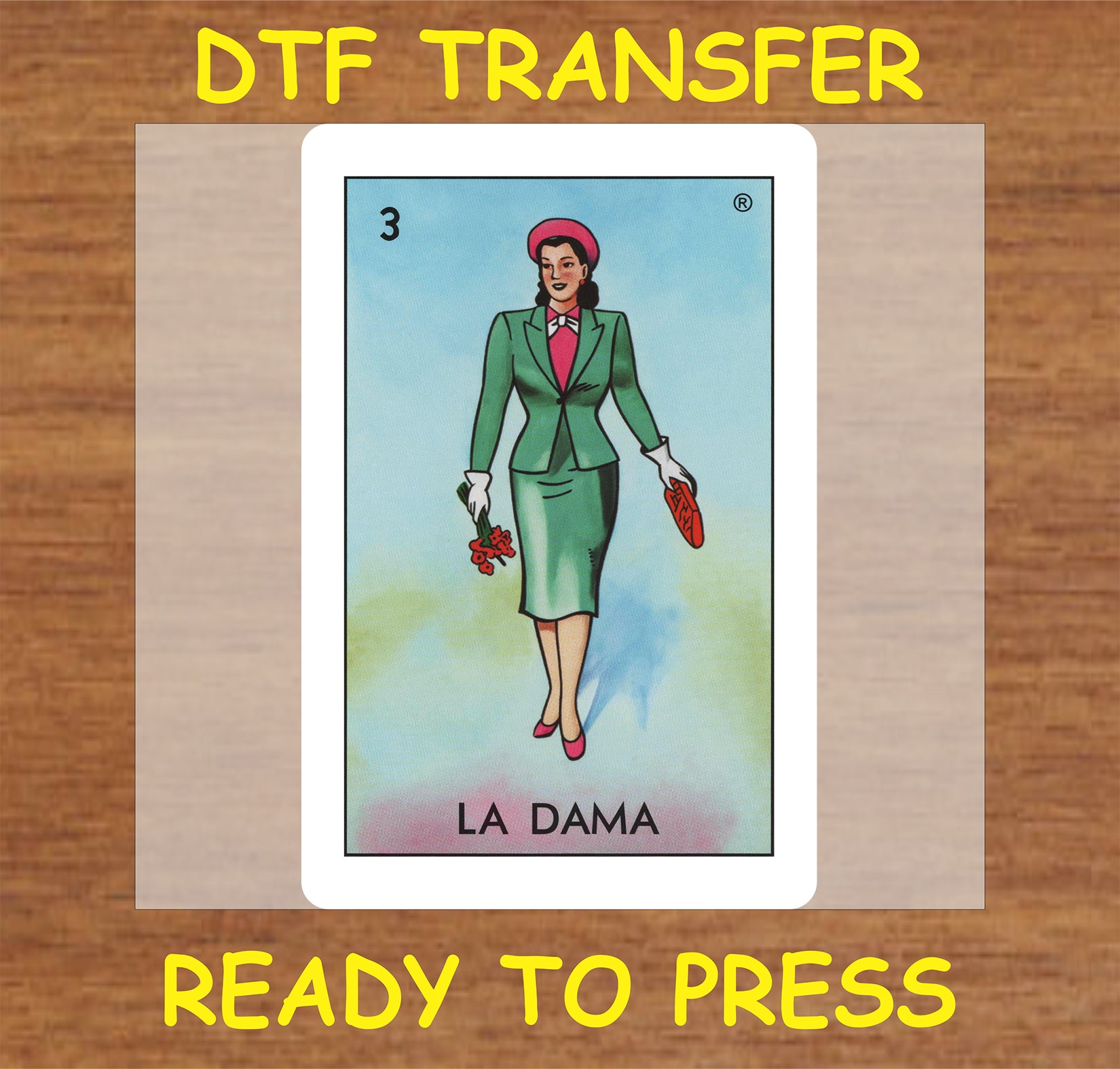 "La Dama DTF Transfer featuring a classic lady design with traditional elements."