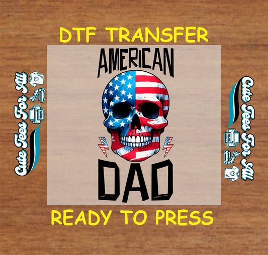 American Dad DTF transfer with patriotic skull and lightning bolts in red, white, and blue.